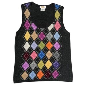 Talbots Argyle Sweater Vest Gray Lambswool Cashmere Blend Knit Preppy Academia M